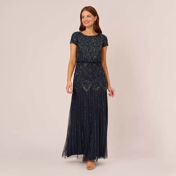 NWTNavy Floor Length Beaded Adrianna Papell DressSize 14